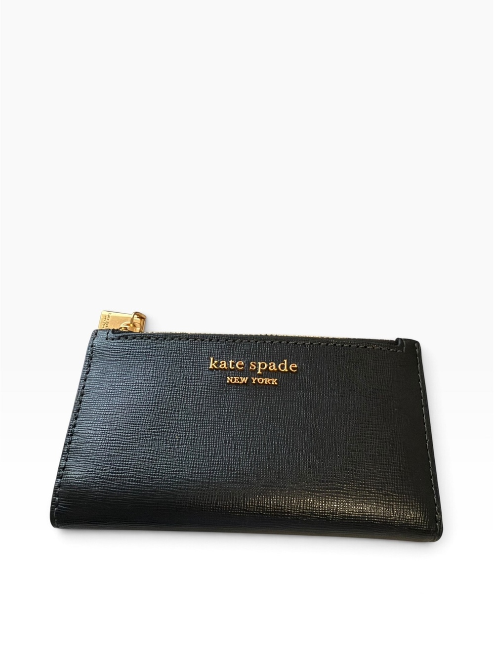 Kate Spade Black Saffiano Leather Bifold Wallet, Gold Logo, Zip Coin Pocket